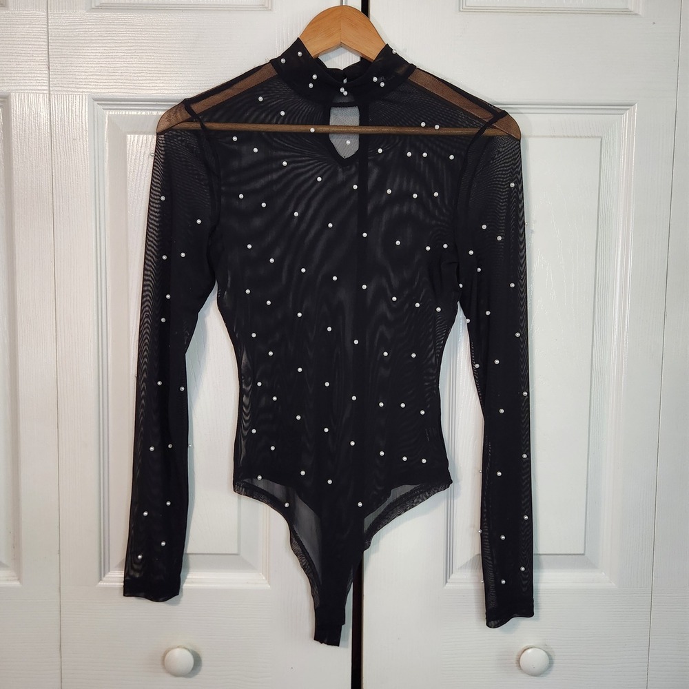 Iris Black Mesh Pearl Embellished Mock Neck Bodysuit Small‎ Long Sleeve Gothic
